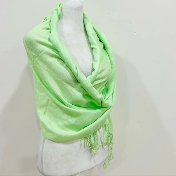 Pashmina 100% Pashmina Scarf With Tassels:Lime Bridal Shawl, Green 28x66‎ Thin - Picture 3 of 9